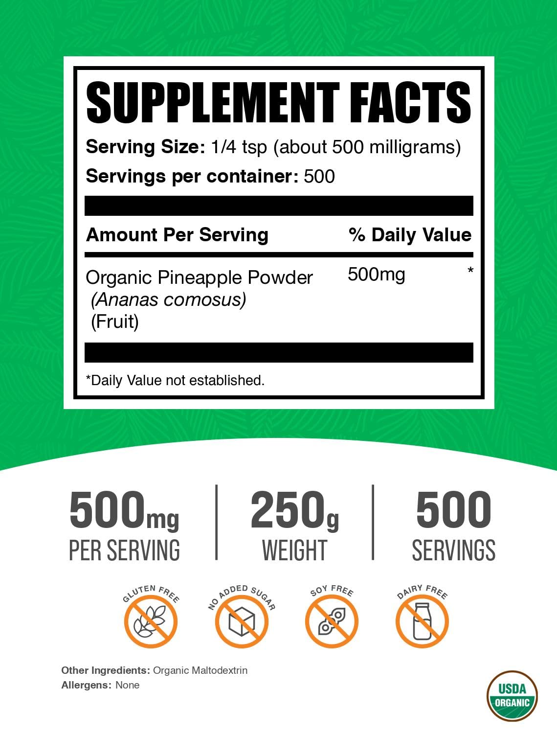 Bulkdietary products Organic Pineapple Powder - Unsweetened, Gluten Free, 500mg per Serving, 2.2 lbs (Pack of 1), Model PINAPWD