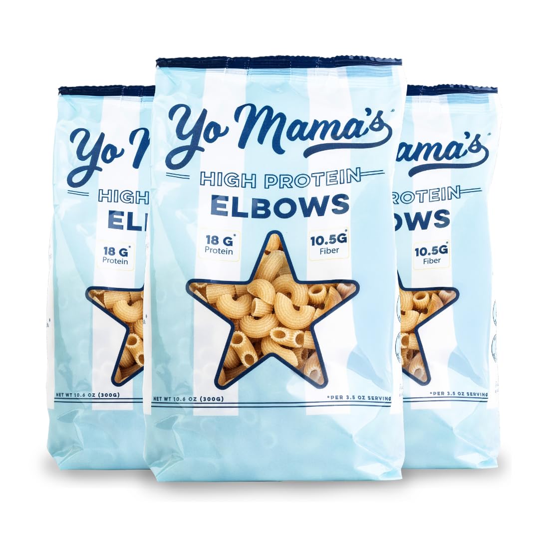 Yo Mamas Foods High Protein High Fiber Elbow Pasta | (3) 10.6 Ounce Bags. | Plant Based, Low Glycemic, and Gluten Free with Cle
