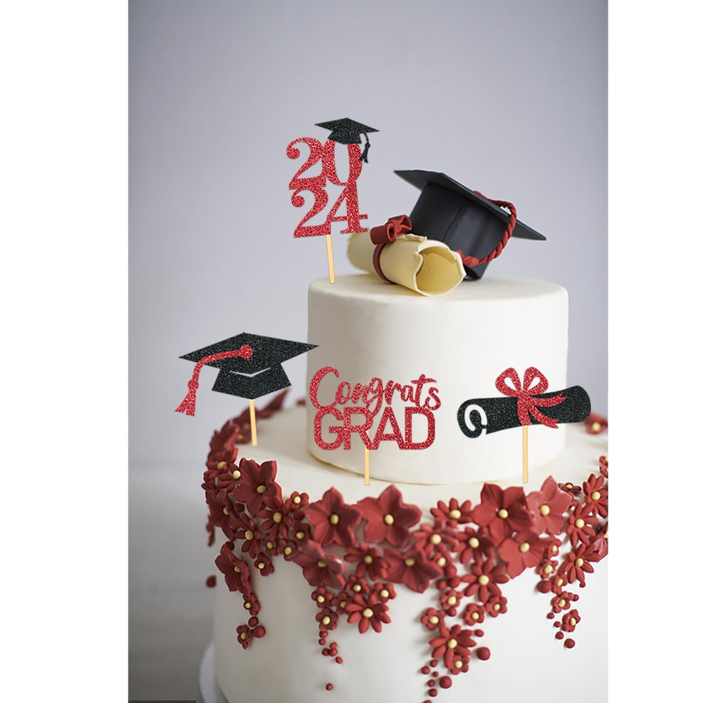 Moitkptt Graduation Cupcake Toppers, 24Pcs Red Cardboard Picks for Class of 2025 Decorations, Model FHDUT0002