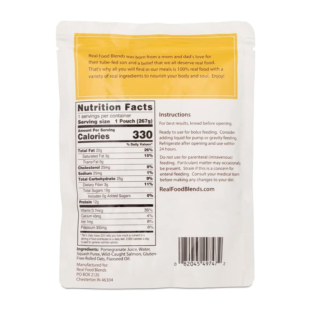 Real Food Blends Salmon, Oats & Squash - Pureed Food Meal for Feeding Tubes, 9.4 oz Pouch (Pack of 12 Pouches)