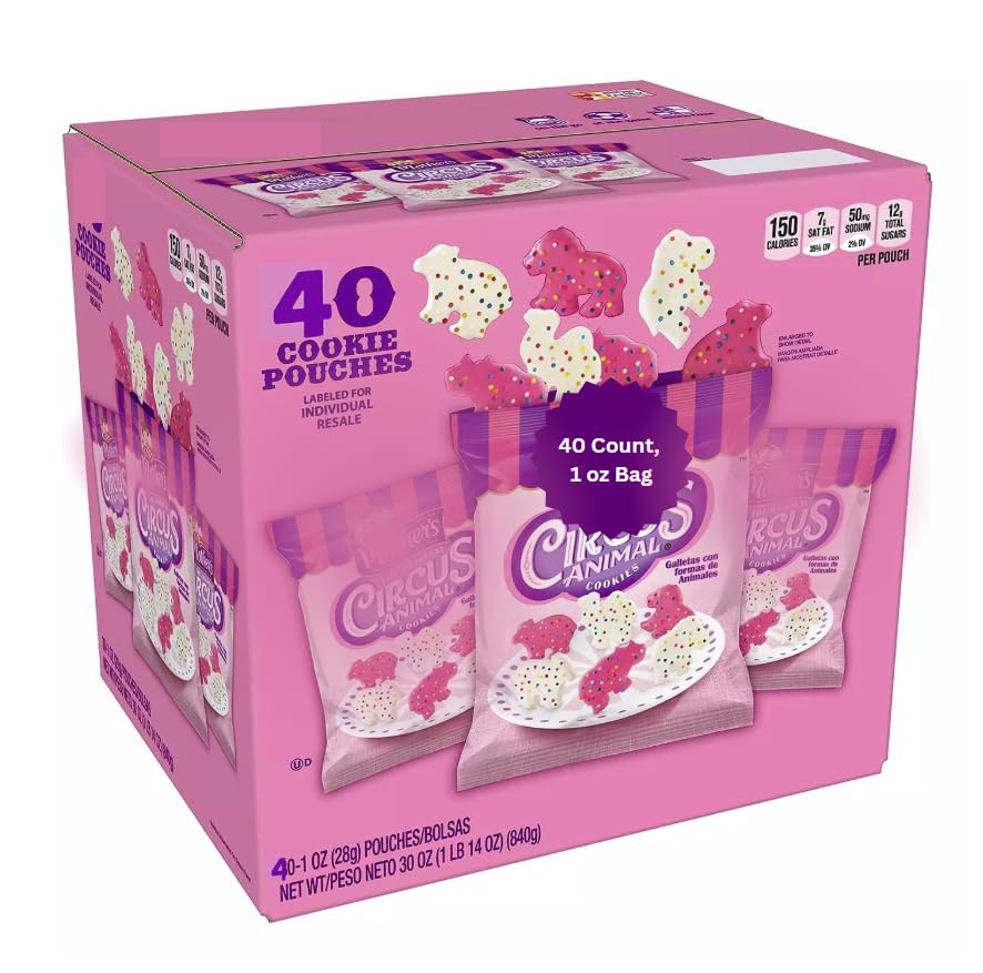Motherrs Circus Animal Cookies with Pink and White Frosted, Perfect for Kids, Schools and Home, 40 Count, Pack of 1