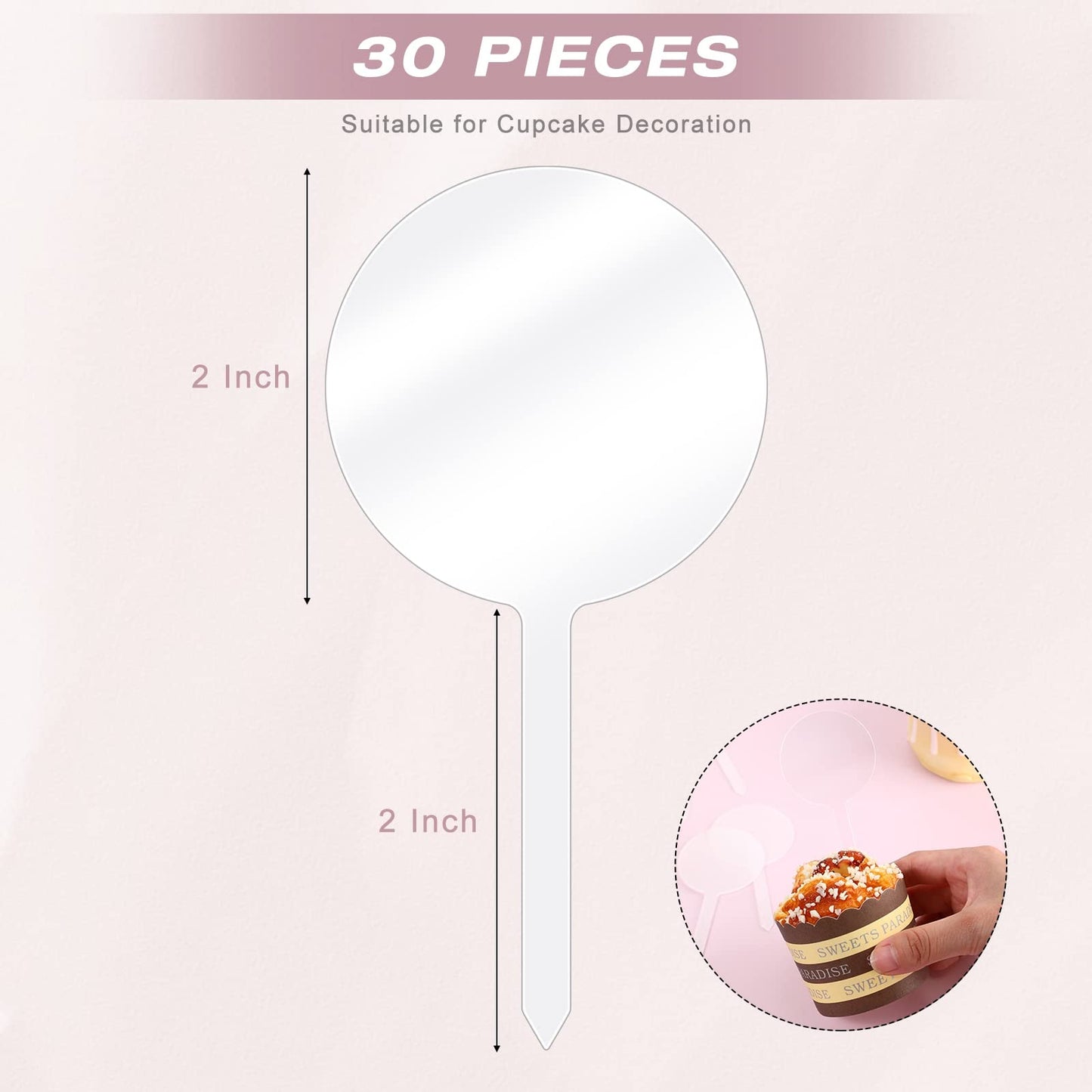 30 Pack 2 Inch Circle Acrylic Cupcake Toppers, Diy Clear Round Blank Cake Toppers Personalized Cupcake Toppers With Sticks For B