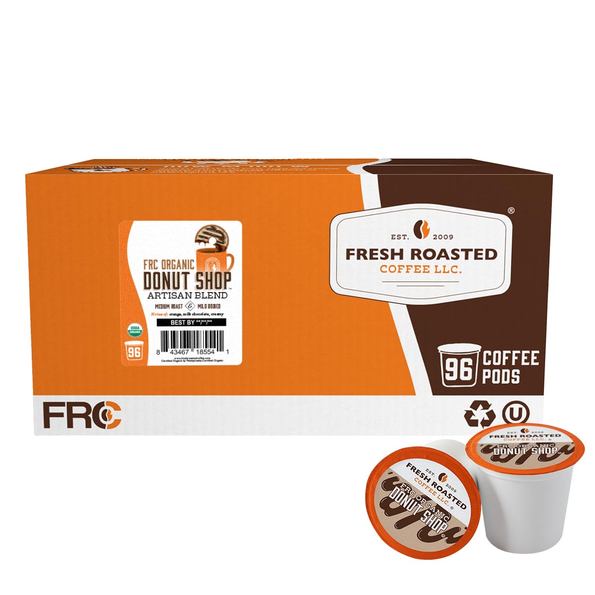 Fresh Roasted Coffee Organic Donut Shop Medium Roast 96 Pods for K Cup Brewers USDA Organic Kosher
