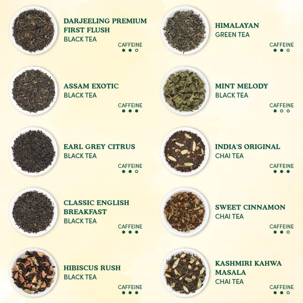 Vahdam World Tea Sampler (20 Teas) – Assorted Tea Variety Pack | Black, Green, Chai & Herbal Loose Leaf Teas | Tea Gift Set For Women & Men