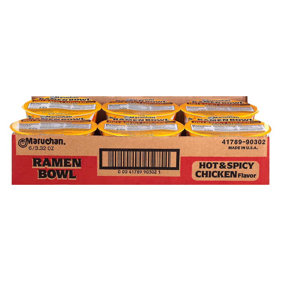 Maruchan Bowl Hot & Spicy Chicken, Microwaveable Ramen Soup Mix, 3.32 Oz, 6 Count