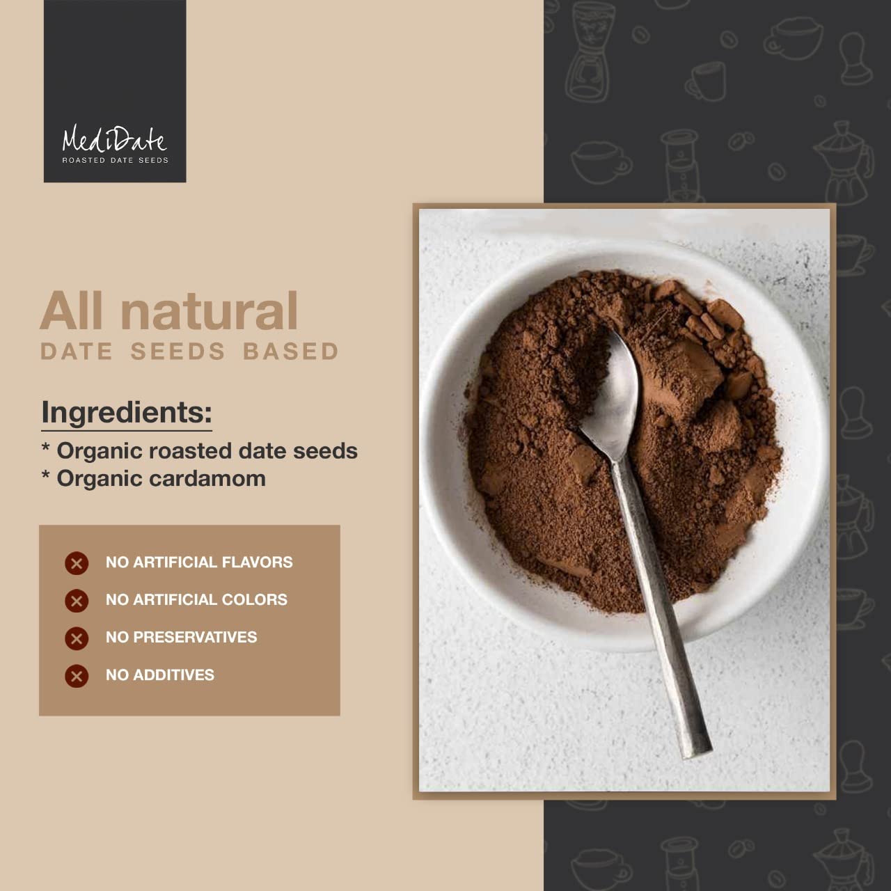 MediDate Coffee Alternative, Roasted Date Seeds & Cardamom, 12 Ounce, Caffeine & Acid-Free, Naturally Occurring Prebiotics