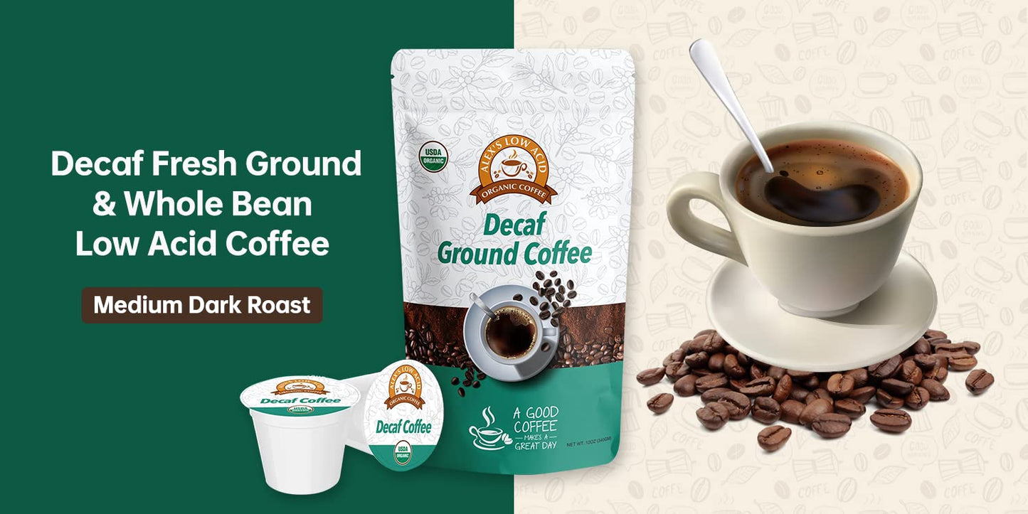 Alexs Low Acid Organic Coffee 12oz Bag - Fresh Ground Decaf (Pack of 1)