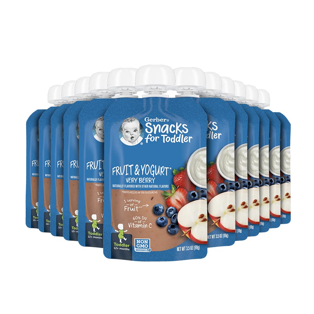 Gerber Toddler Food, Very Berry, Fruit Puree And Yogurt Pouch. No Added Sweeteners, 12Pk
