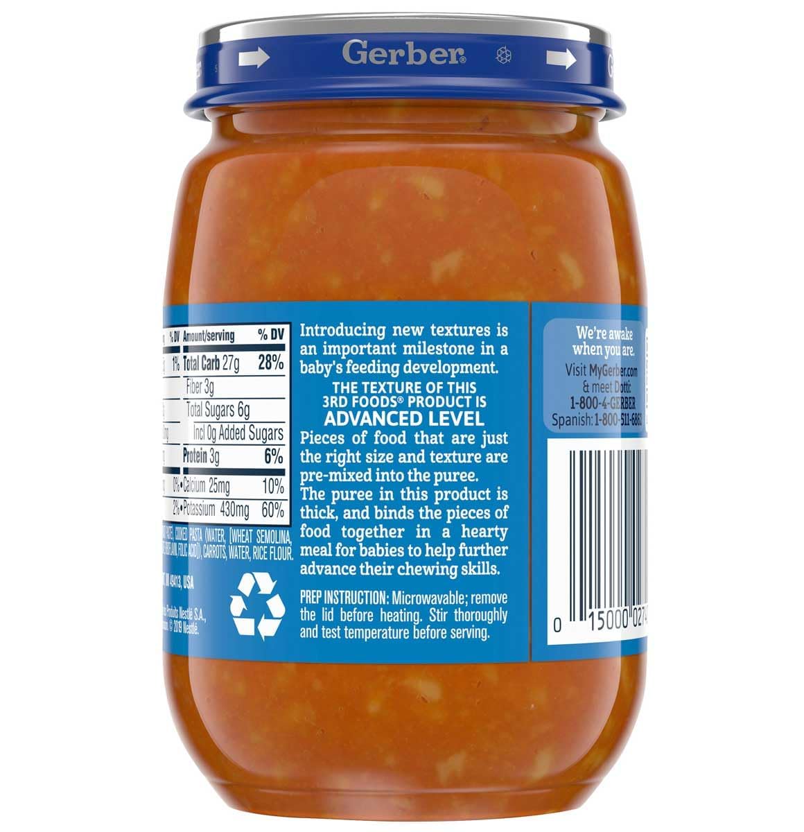 Gerber Mealtime For Baby 3Rd Foods Veggie Power Baby Food Jar, Pasta Marinara, Non-Gmo Pureed Baby Food For Crawlers 6 Ounce (Pa