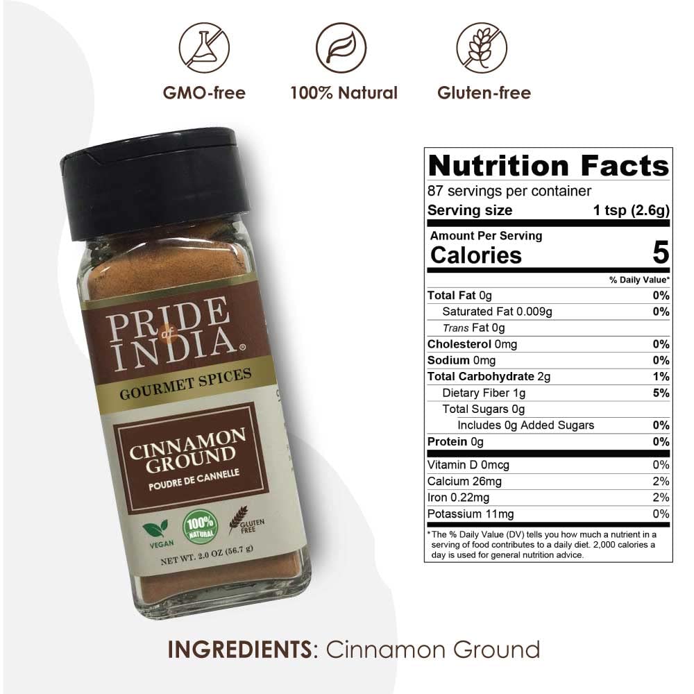 Pride Of India Natural Cinnamon Ground Spice - Gourmet - 2 oz Sifter Bottle - Gluten Free - Easy to Use