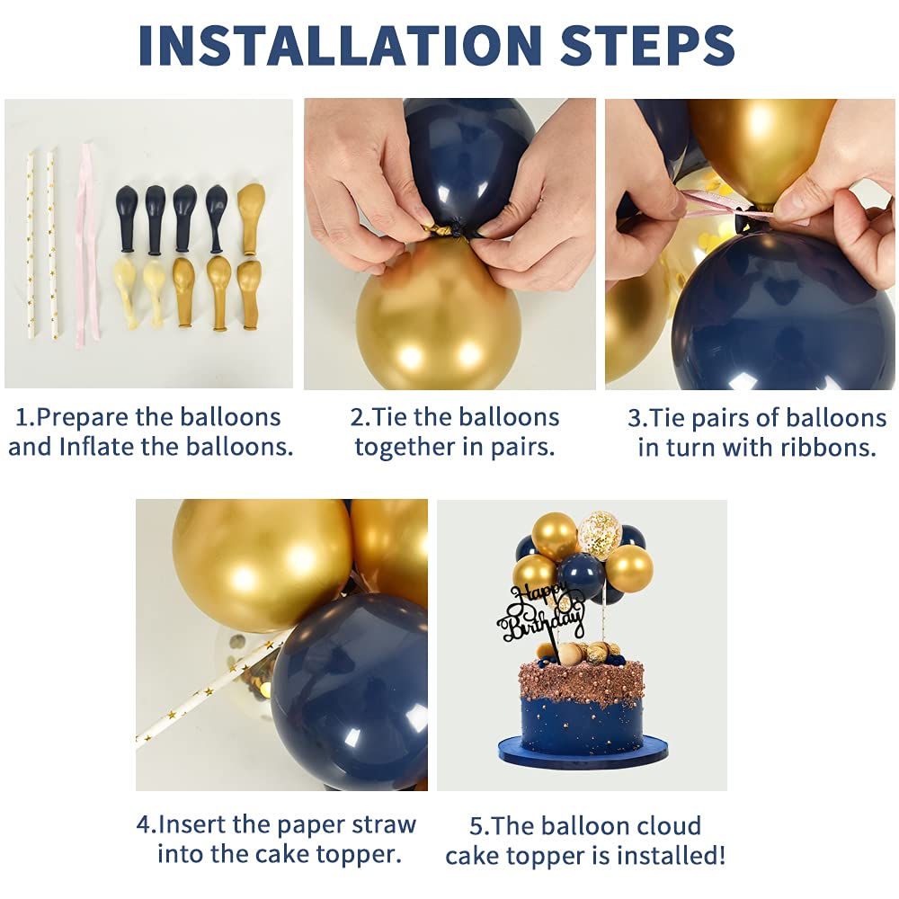 Beishida 5 Inch 10Pcs Balloon Cloud Cake Topper Navy Gold Happy Birthday Cupcake Toppers Mini Balloon Cake Decoration Topper Gar