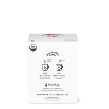 Chamberlain Coffee The Original Family Blend Cold Brew Singles - Medium Roast Organic Coffee Single Serve Bags With Notes Of Rich Milk Chocolate, Almond & Black Cherry - 10 Single Serve Cold Brew Sachets