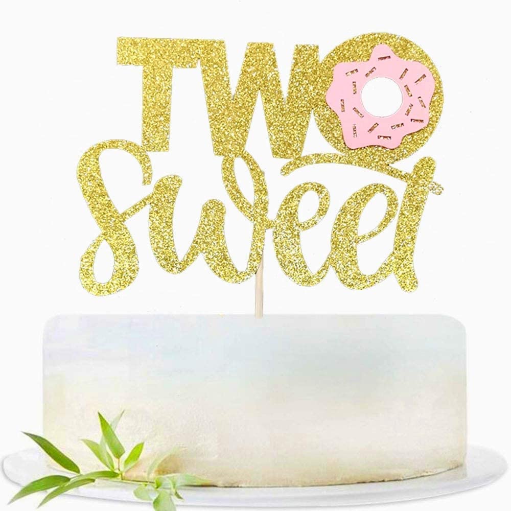 Double Sided Glitter Two Sweet Cake Topper With Donut, Cake Topper For 2Th Second Birthday Party Supplies