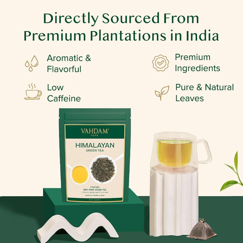Vahdam, Himalayan Green Tea Leaves (50+ Cups, 3.53 Oz) Non Gmo, Gluten Free | High Elevation Grown Green Tea Leaves From Himalayas | Pure Unblended Single Origin Green Loose Leaf Tea | Vacuum Sealed