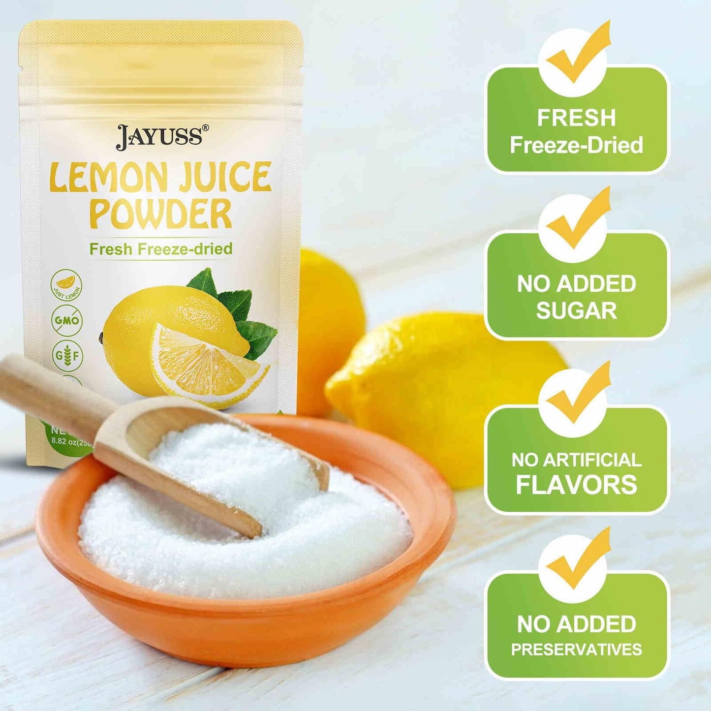Jayuss Lemon Juice Powder 8.82 Ounce, 100% Natural, Freeze Dried Lemon Juice, No Sugar Or Additives, Great For Drinks, Smoothies