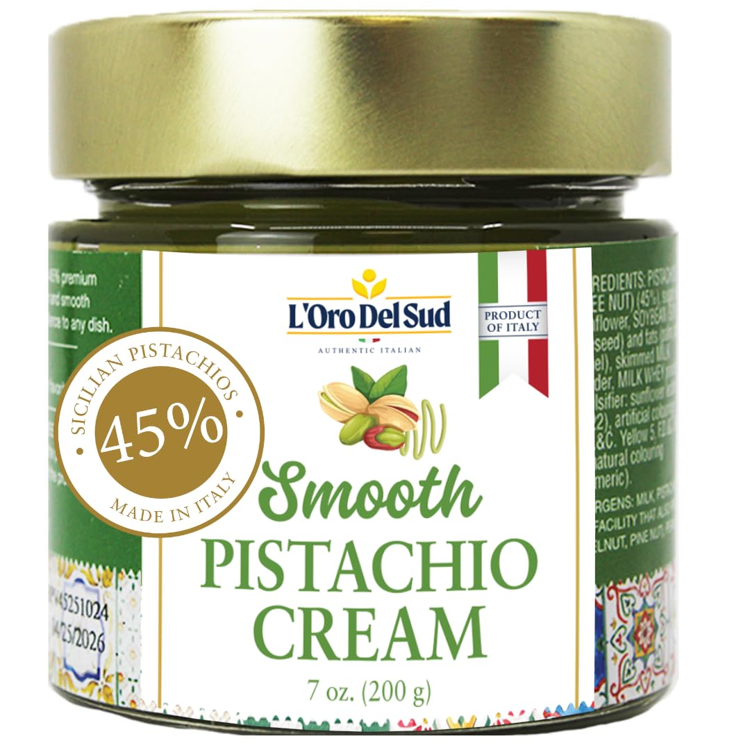 Pistachio Cream  enhanced 45%  Smooth Sicilian Pistachio Spread  7 oz (200g)  Contains 45% Pistachio nuts  Sweet Pistachio Butter  Product of Italy  LOro Del Sud