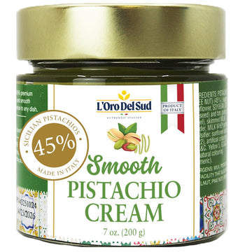 Pistachio Cream  enhanced 45%  Smooth Sicilian Pistachio Spread  7 oz (200g)  Contains 45% Pistachio nuts  Sweet Pistachio Butter  Product of Italy  LOro Del Sud