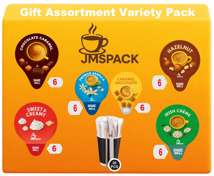 Coffee Creamer Single Serve Variety Pack, Gift Assortment Box, French Vanilla, Irish Cream, Caramel Macchiato, Sweet Cream, Chocolate Caramel, Hazelnut (Box Of 48Ct/ 6 Different Flavor), For Home, Office, Coffee, Bar, Gift.