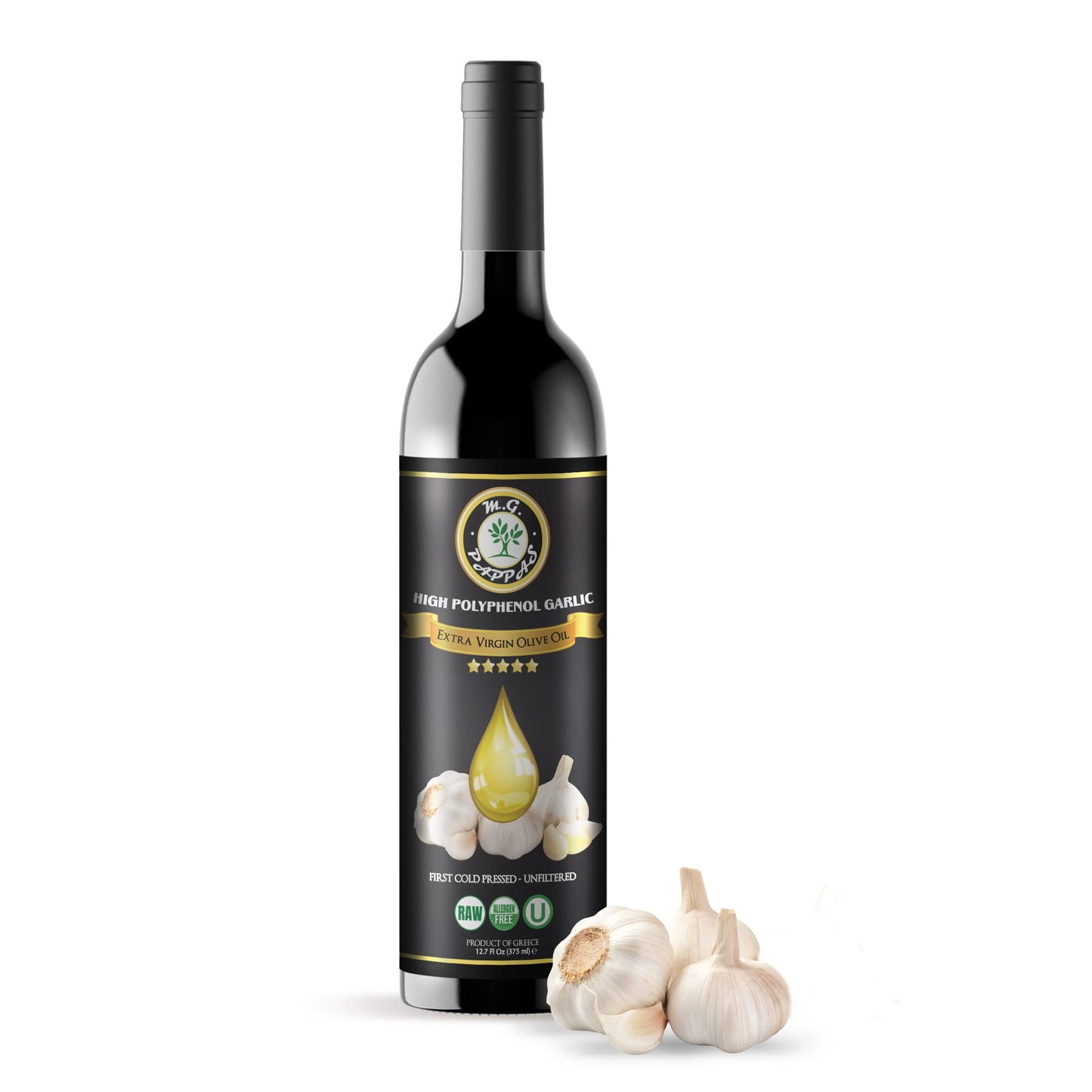 M.G. Pappas High Polyphenol Rich Garlic Infused Olive Oil - Extra Virgin Olive Oil Polyphenol Lab Report 650Mg/Kg - Cold Pressed