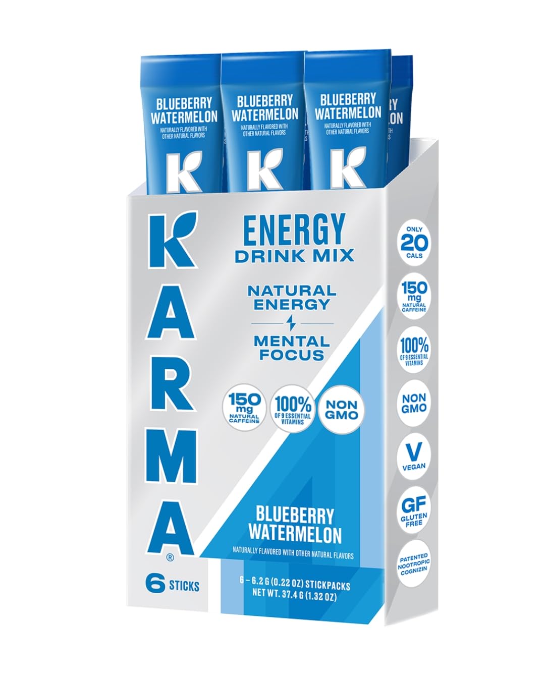 Karma Energy Hydration Packets - 6 Pack  Blueberry Watermelon Drink Mix with Cognizin Nootropics  Vitamins & Immune Support  Low Calorie