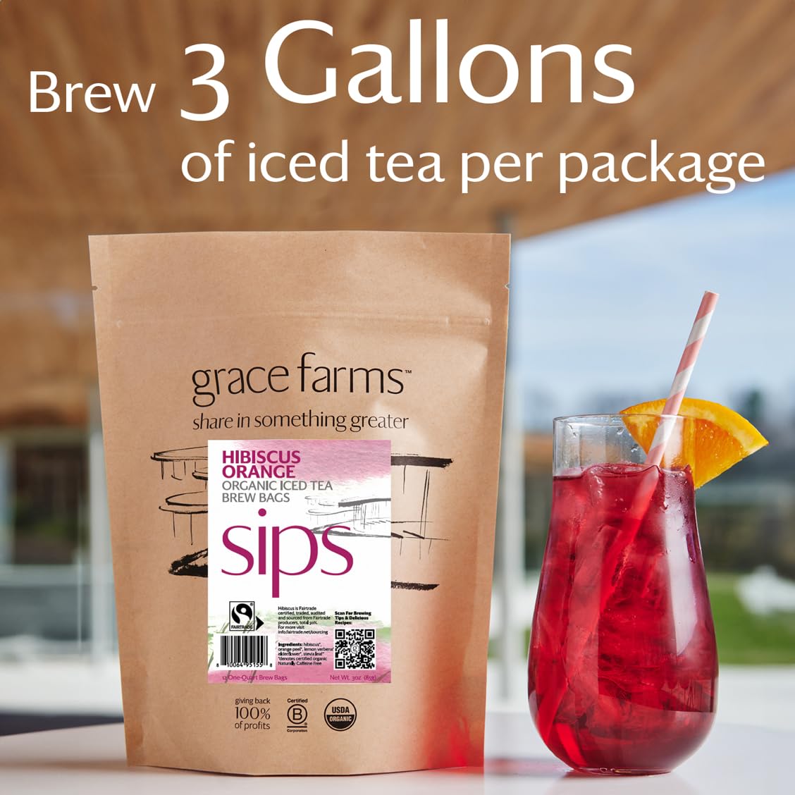 Grace Farms Organic Hibiscus Orange Iced Tea - 12 Brew Bags, 3 Gallons, Naturally Sweet, Sugar-Free, Refreshing Beverage