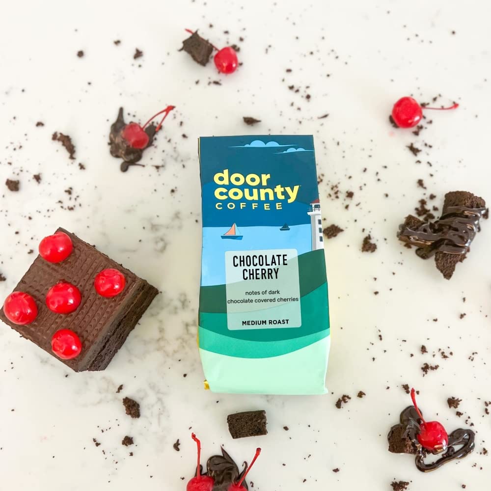 Door County Coffee - Chocolate Cherry, Chocolate Cherry Flavored Whole Bean Coffee - Medium Roast, 10 Oz Bag
