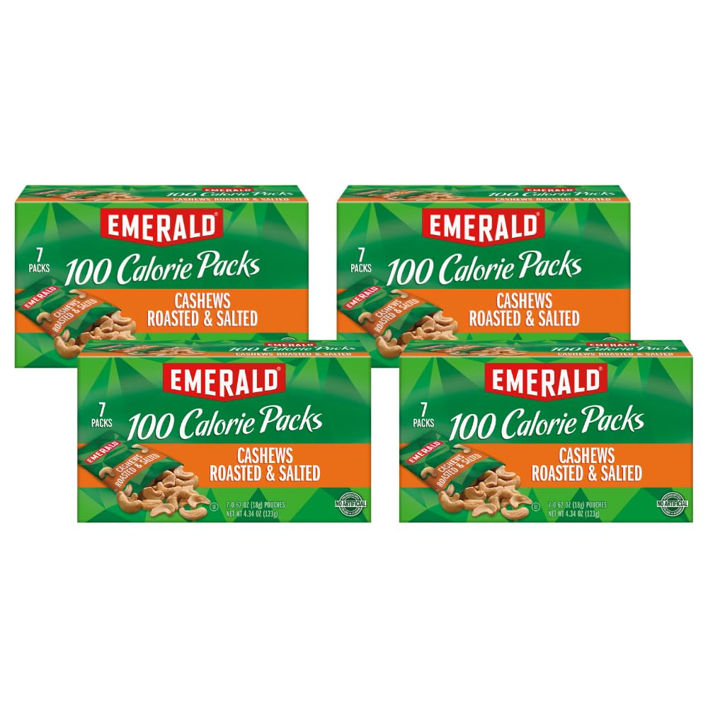 Emerald Cashews Roasted & Salted, 100 Calorie Packs, 4.34 Oz, 7 Ct (Pack of 4)