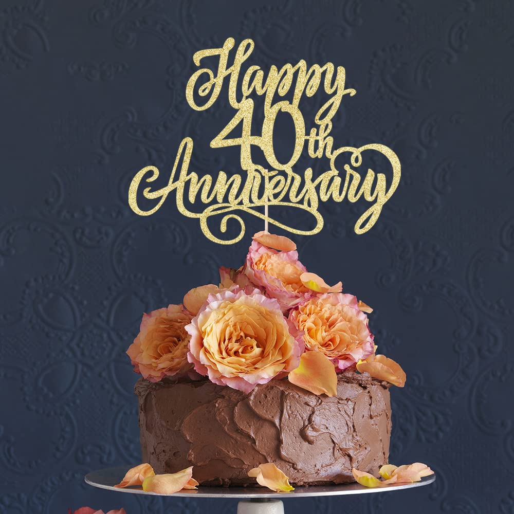 Arokippry Golden Glitter Happy 40Th Anniversary Cake Topper - Wedding Anniversary/Company Party / 40Th Birthday Party Decorations