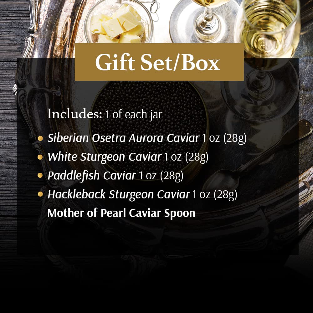 Olma Classic Caviar Gift Box - 2 oz Siberian Osetra, White Sturgeon, Paddlefish, Hackleback Roe & Mother of Pearl Spoon