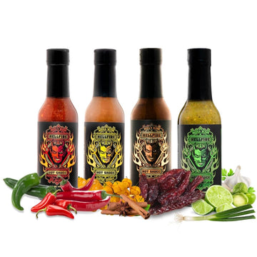 Hellfire Hot Sauce Devils Blend Gift Pack - Gourmet Hot Sauce Variety Pack With 4 Spicy Flavors (Four 5 oz. Bottles)