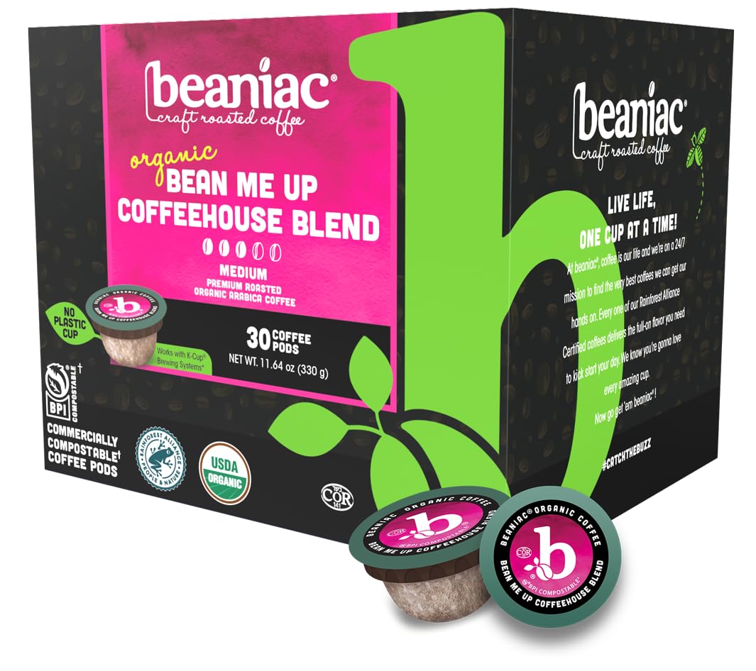 beaniac Organic Bean Me Up Medium Roast Coffee K Cup Pods, 30 Compostable Pods, Rainforest Alliance Certified