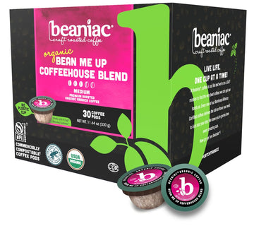 beaniac Organic Bean Me Up Medium Roast Coffee K Cup Pods, 30 Compostable Pods, Rainforest Alliance Certified