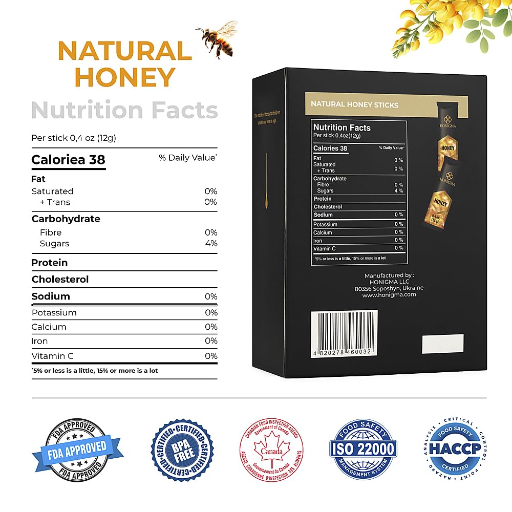 Honigma Deliciously Sweet Acacia Honey Sticks - 50 Count (12G Each) | Pure Ukrainian Honey | Sustainably Sourced | Bursting With