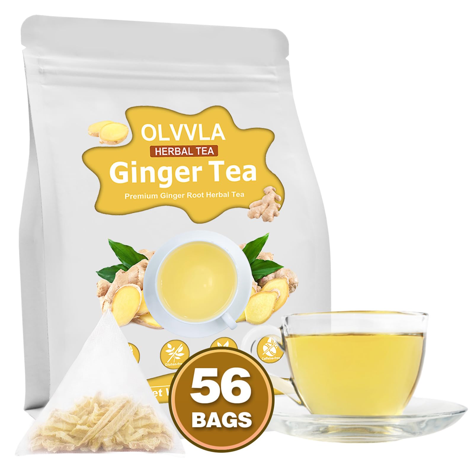 Olvvla Ginger Tea Bags - 100% Natural Herbal Tea - Non-GMO - Caffeine-Free - 56 Count