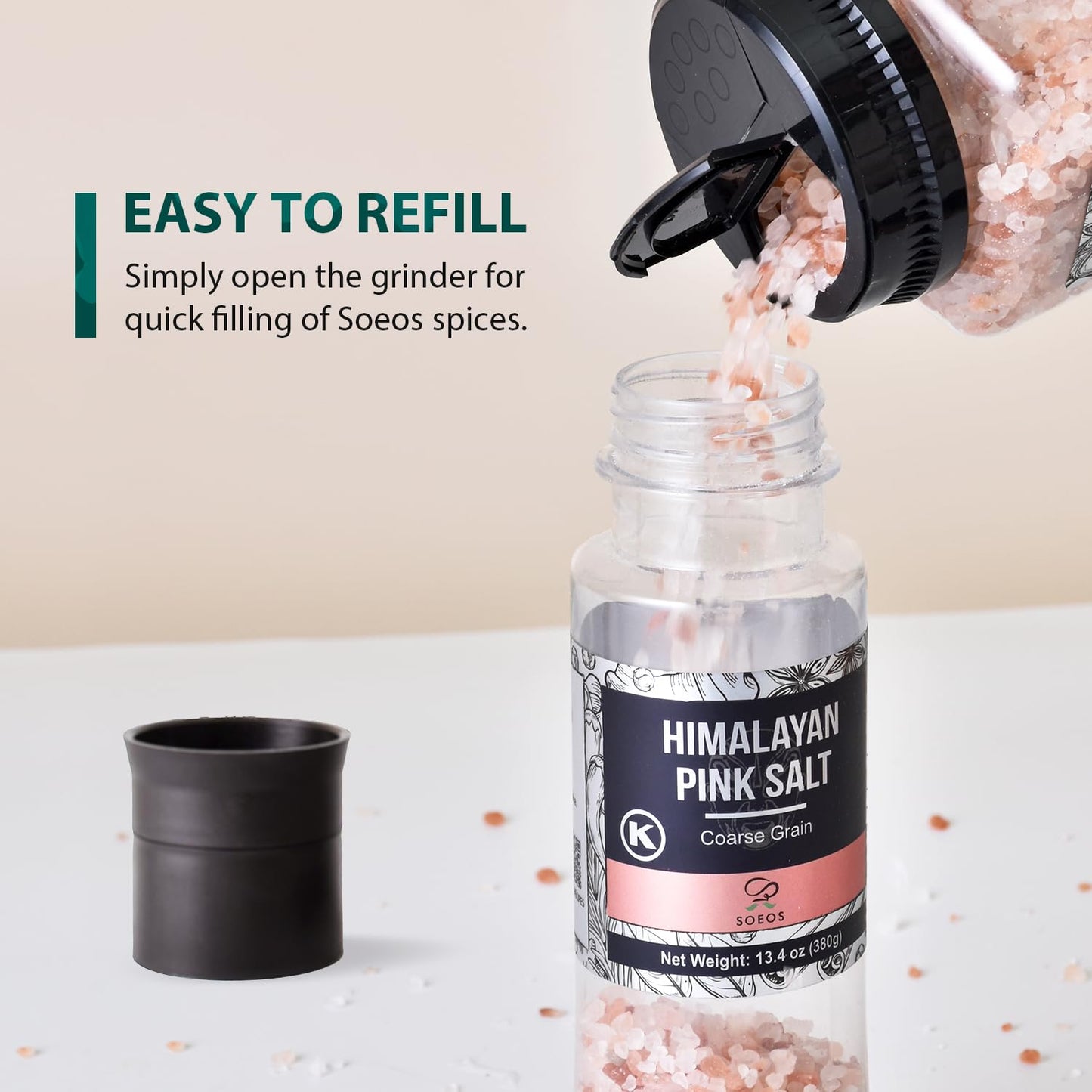 Soeos Salt Grinder Set  Himalayan Pink Salt  Coarse Grain  Salt for Grinder Refill  13.4 Oz (380g)  Refillable Plastic Bottle  Rock Salt  Kosher Salt Set (Pack of 1)