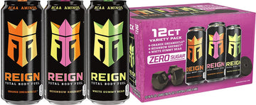 REIGN Total Body Fuel Variety Pack - Orange Dreamsicle, Reignbow Sherbet, White Gummy Bear - 16 Fl Oz, Pack of 12