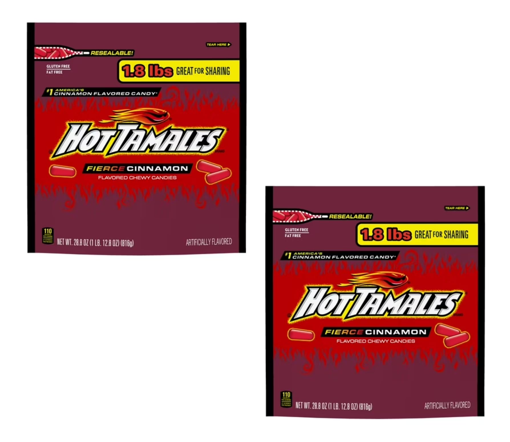 HOT TAMALES Cinnamon Candy - Bulk Pack of 2 Bags, 1.8 Pounds Each, Great for Sharing
