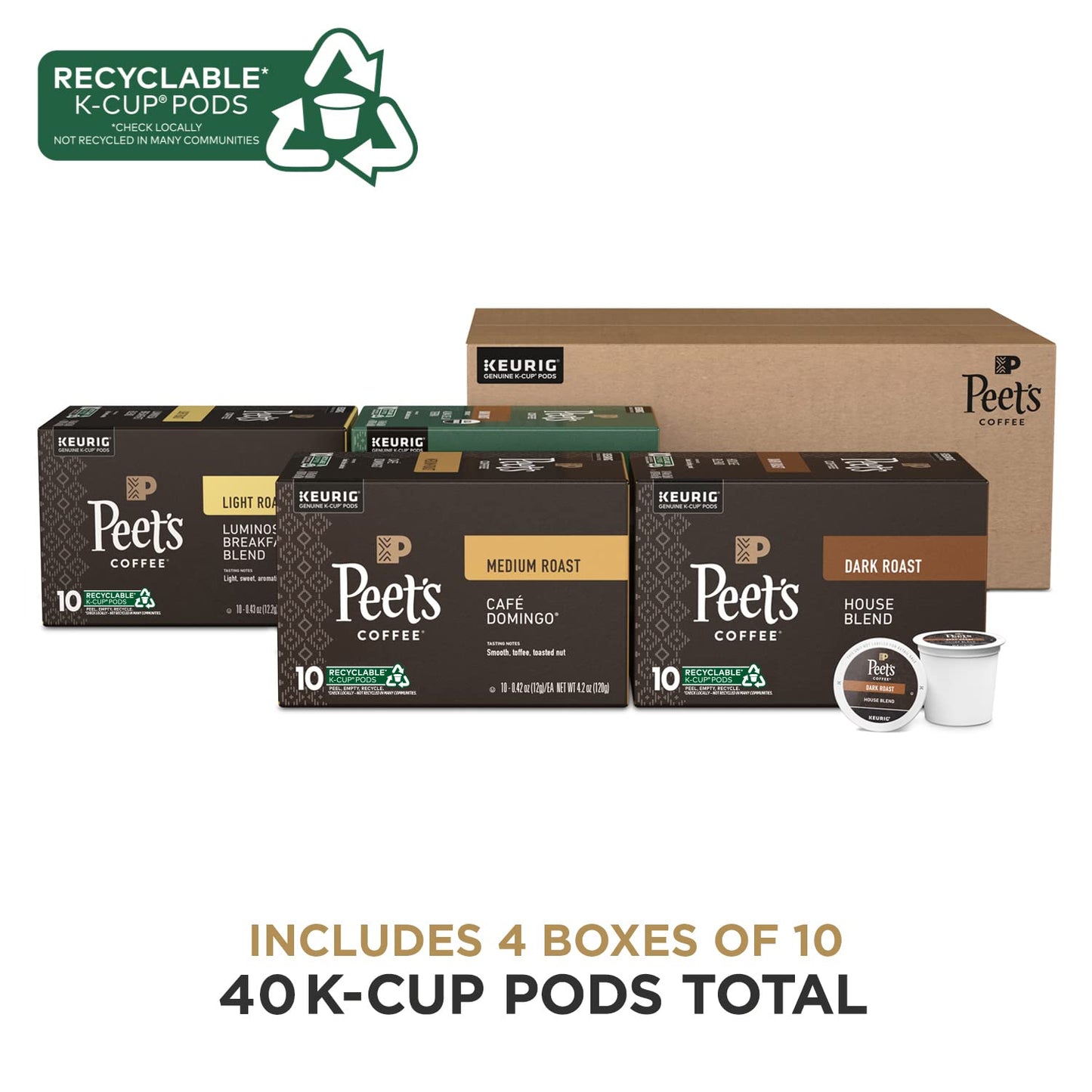 Peets Coffee Single Serve Pods Variety Pack - Luminosa, Café Domingo, Organic Alma De La Tierra, House Blend, 40 Count (4 Boxes of 10 Pods)