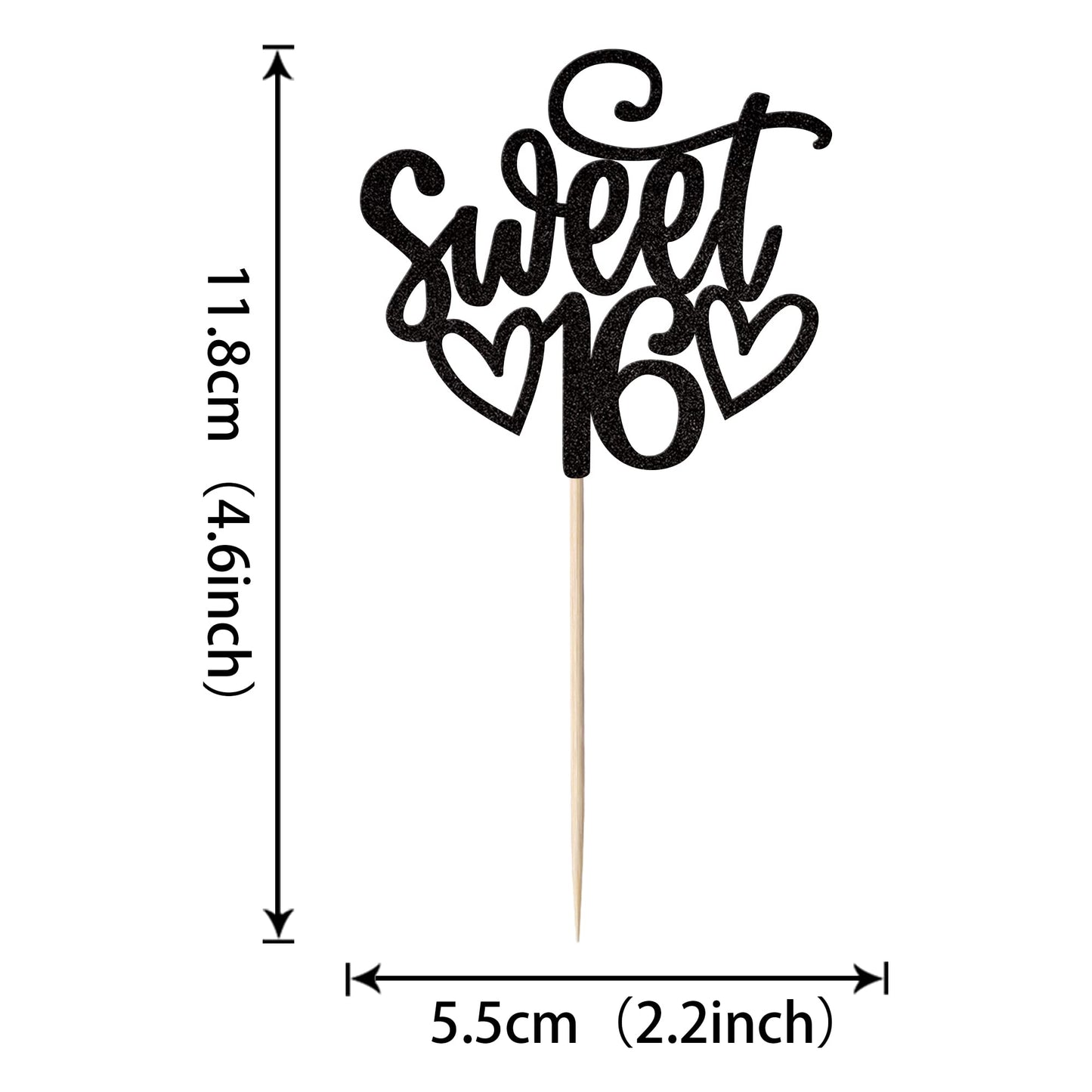 YCTHUNFISH 24 Pack Cupcake Toppers Glitter Sixteen for 16th Birthday Party Decorations Black Bamboo