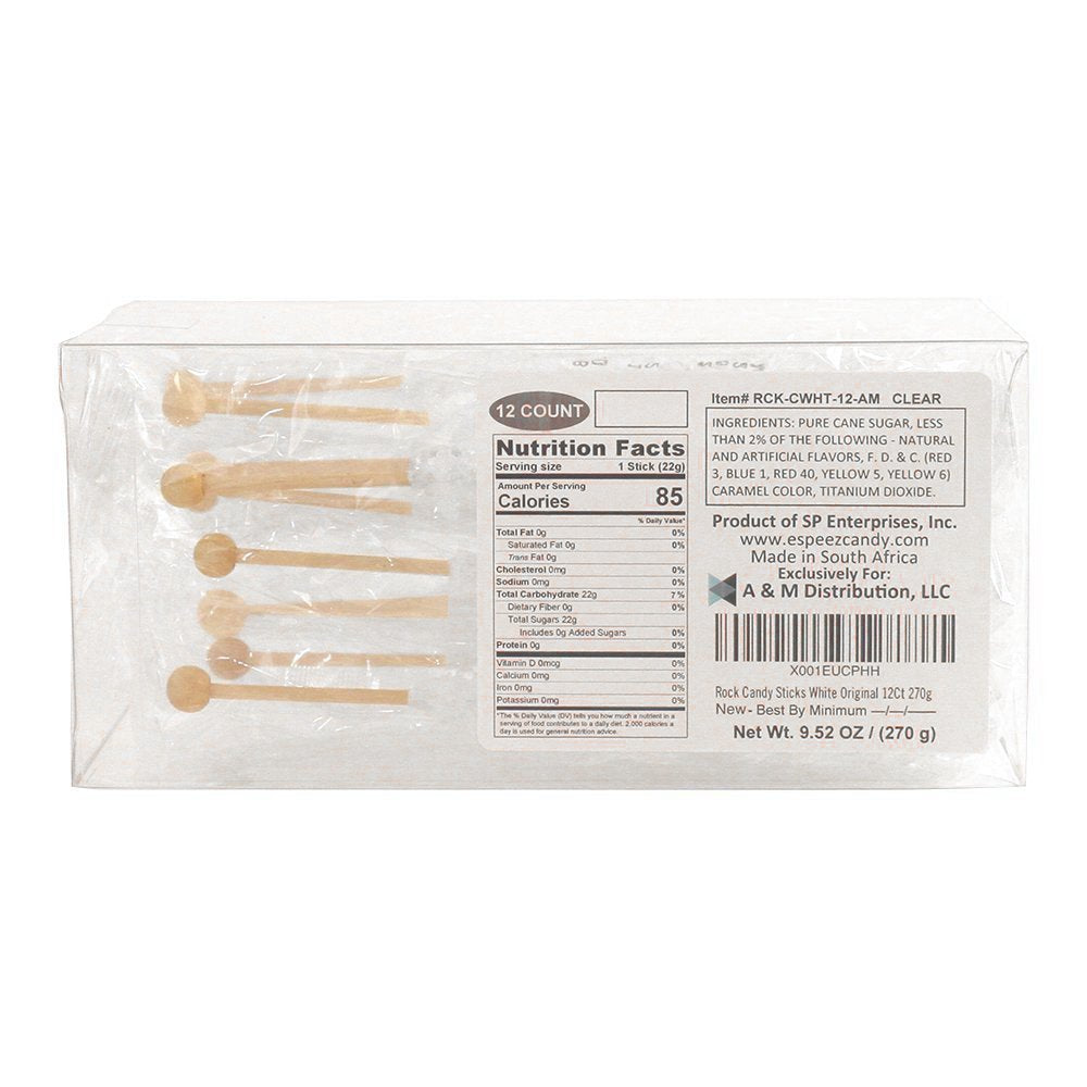 Espeez Extra Large Rock Candy Sticks, 12 Count, Individually Wrapped, White, Perfect for Candy Buffets and Celebrations