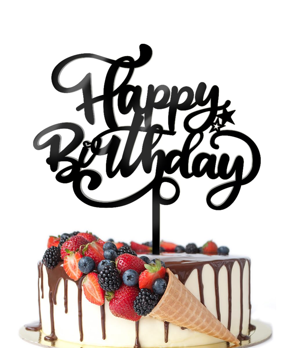Crseniny Happy Birthday Cake Topper,Acrylic Black Birthday Sign Cake Decorations,Anniversary Party/Birthday Party Decoration Sup