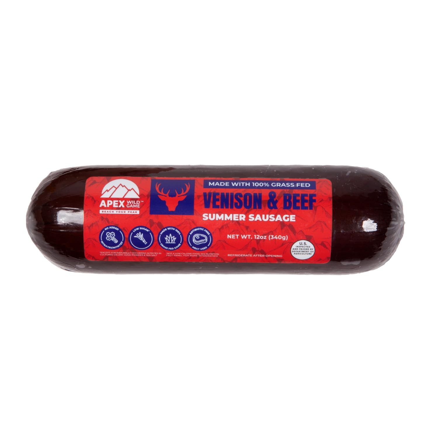 Apex Wild Game Summer Sausage, Venison & Grassfed Beef, Antibiotic Free, Nitrate Free, Low Sugar, Gluten Free, Keto, Paleo, 12Oz Venison Summer Sausage