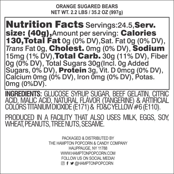 Orange Gummy Bears Sugared, 2.2 Pound Bag, Orange Candy Flavored, The Hampton Popcorn & Candy Company