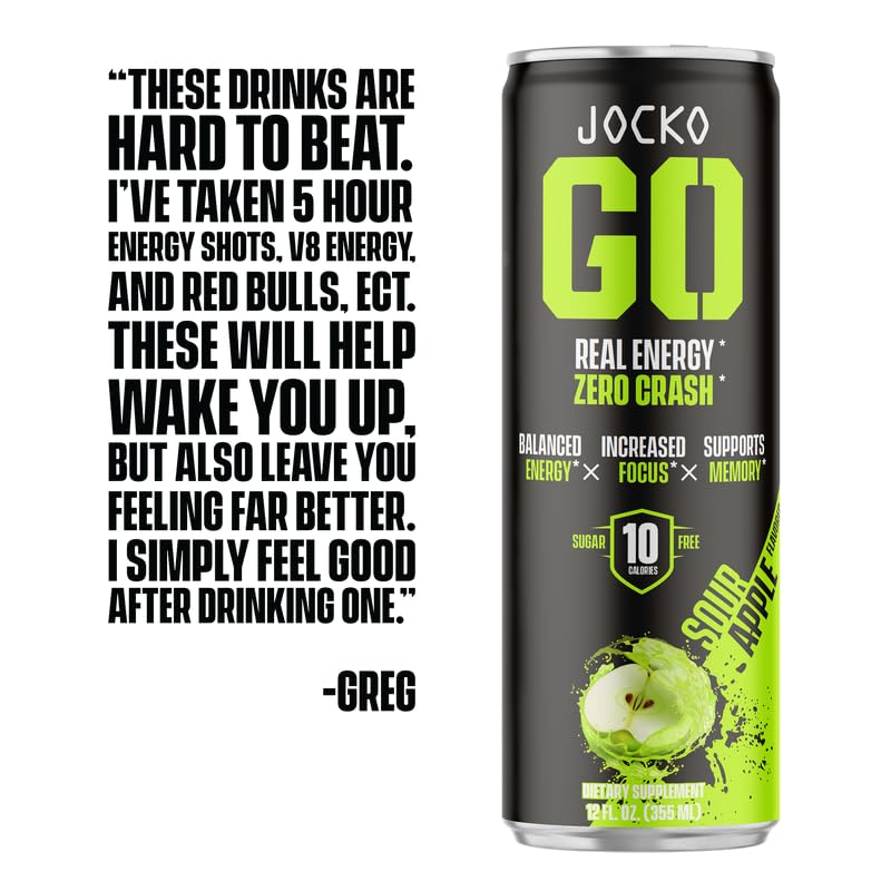 Origin Jocko GO Energy Drinks Sugar Free - KETO, Vitamin B12 & B6 - 12 Fl Oz (Pack of 12) - Sour Apple
