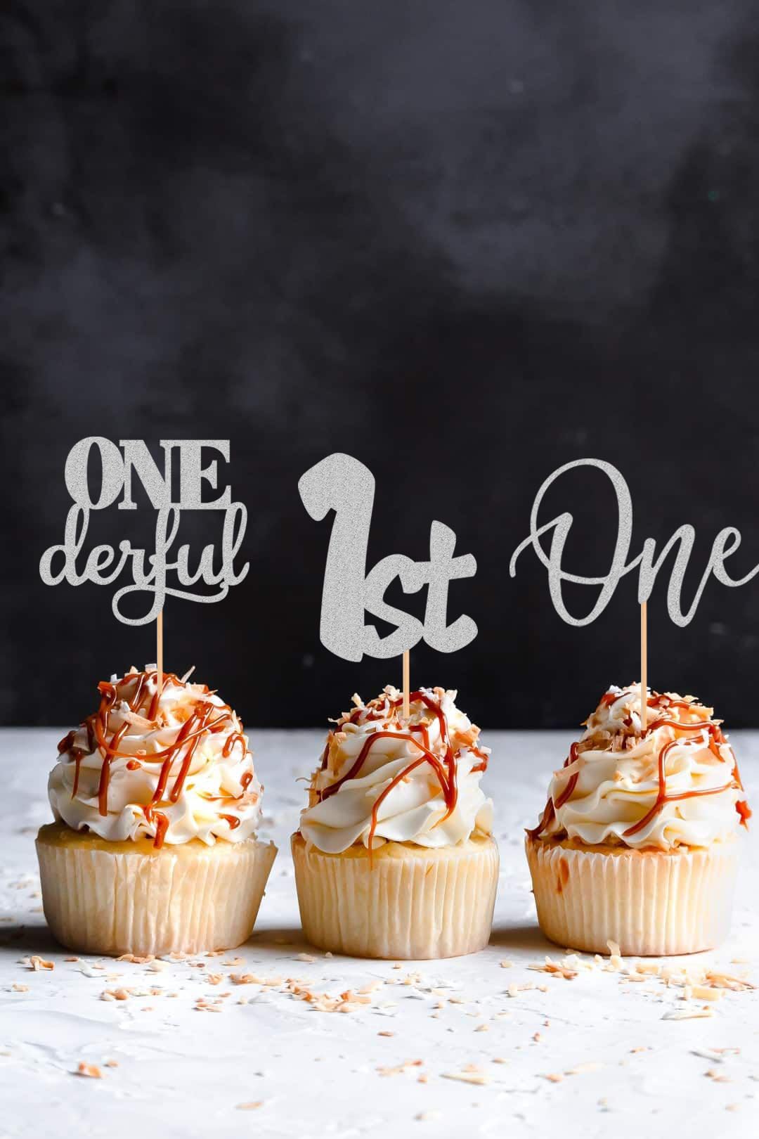 24Pack First Birthday Cupcake Topper - Glitter Silver One Cupcake Picks,1St Birthday Cupcake Decorations Supplies (Silver)