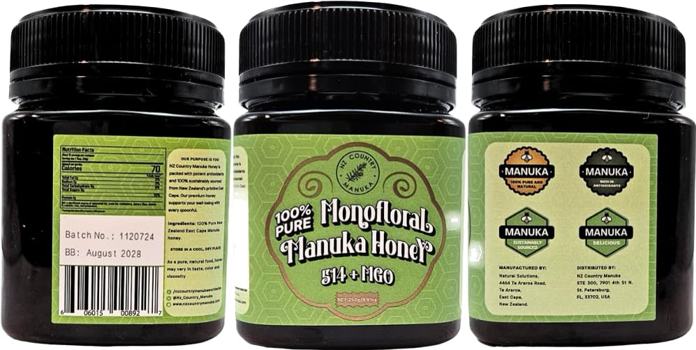 NZ Country Manuka 100% Pure Monofloral Honey MGO 514+ Unpasteurized 8.88 Fl Oz