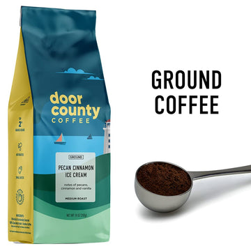 Door County Coffee Pecan Cinnamon Ice Cream Flavored Coffee |10Oz Bag | Ground Coffee Medium Roast |100% Arabica Coffee | Pecan