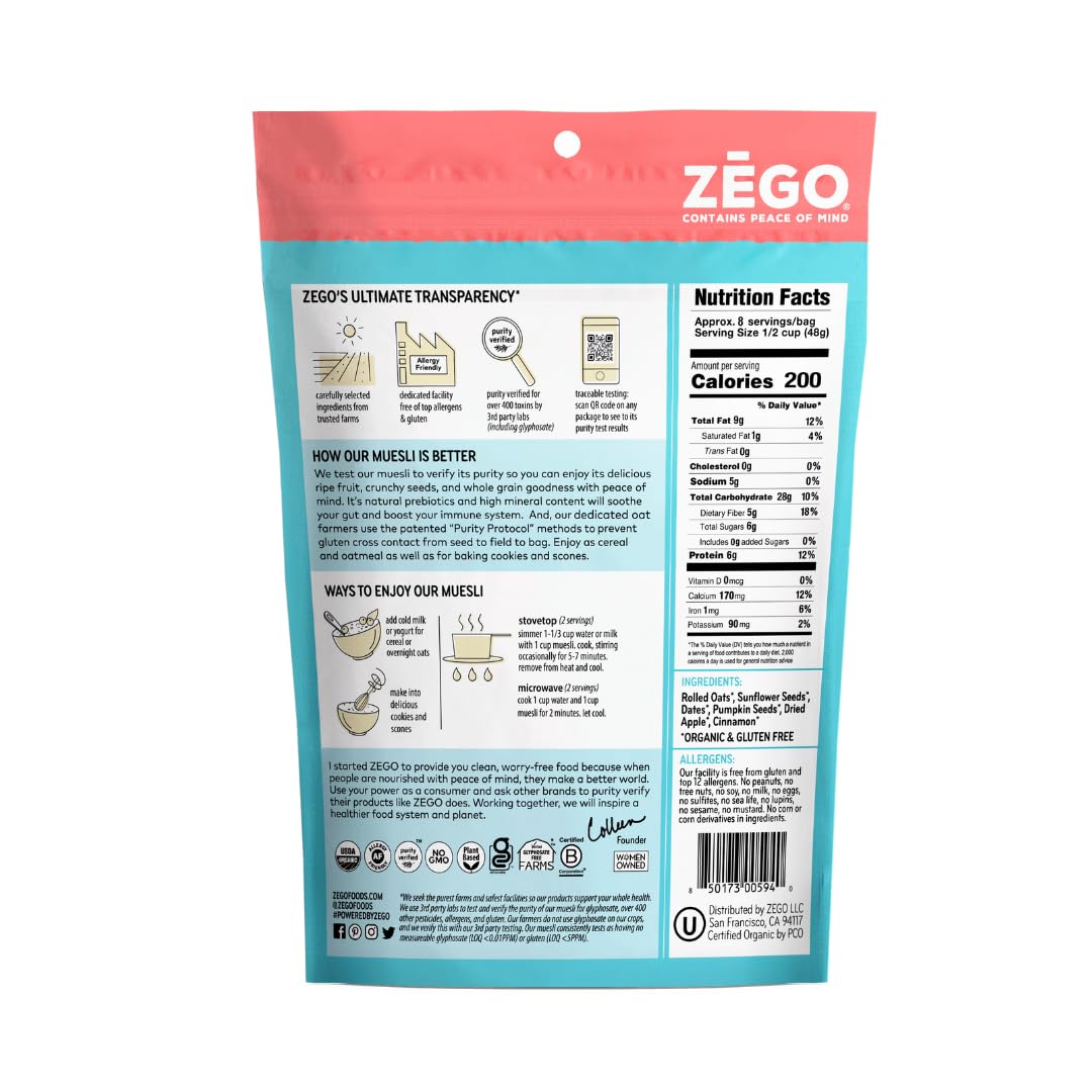 ZEGO Foods Organic, Superfood Oatmeal & Muesli, Certified Gluten Free (Cinnamon Twist) 13oz