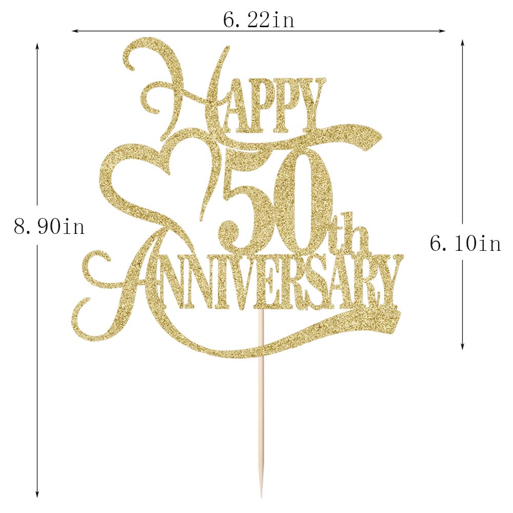 Yetxel Gold Glitter 50th Anniversary Cake Topper - 8x7 inches Decoration for Weddings and Birthdays