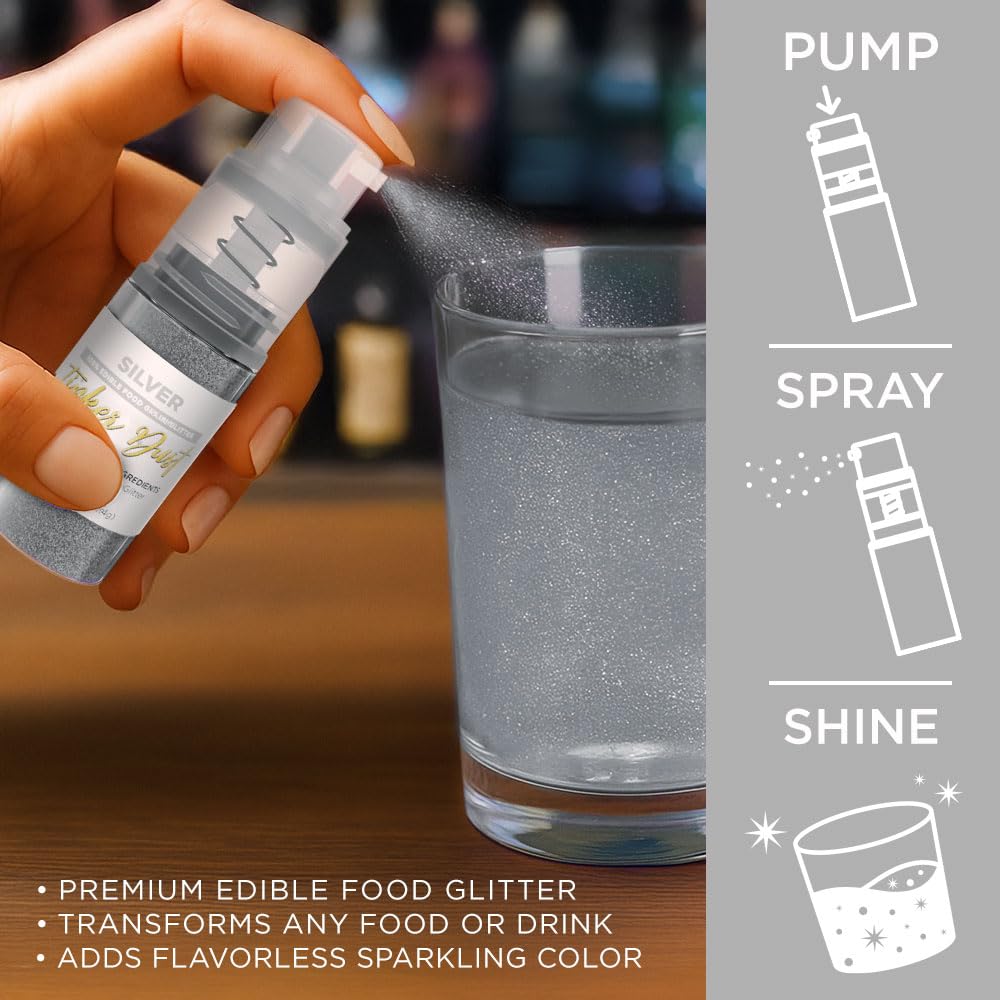Bakell Tinker Dust Edible Glitter - Silver, 4g Mini Pump for Desserts, Beverages, Cupcakes, Cake Pops, and Cookies